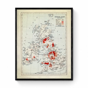 May include: A vintage map of the British Isles showing the distribution of industries. The map is printed in black and white with red markings indicating the location of different industries. The map is titled "British Isles Industries".