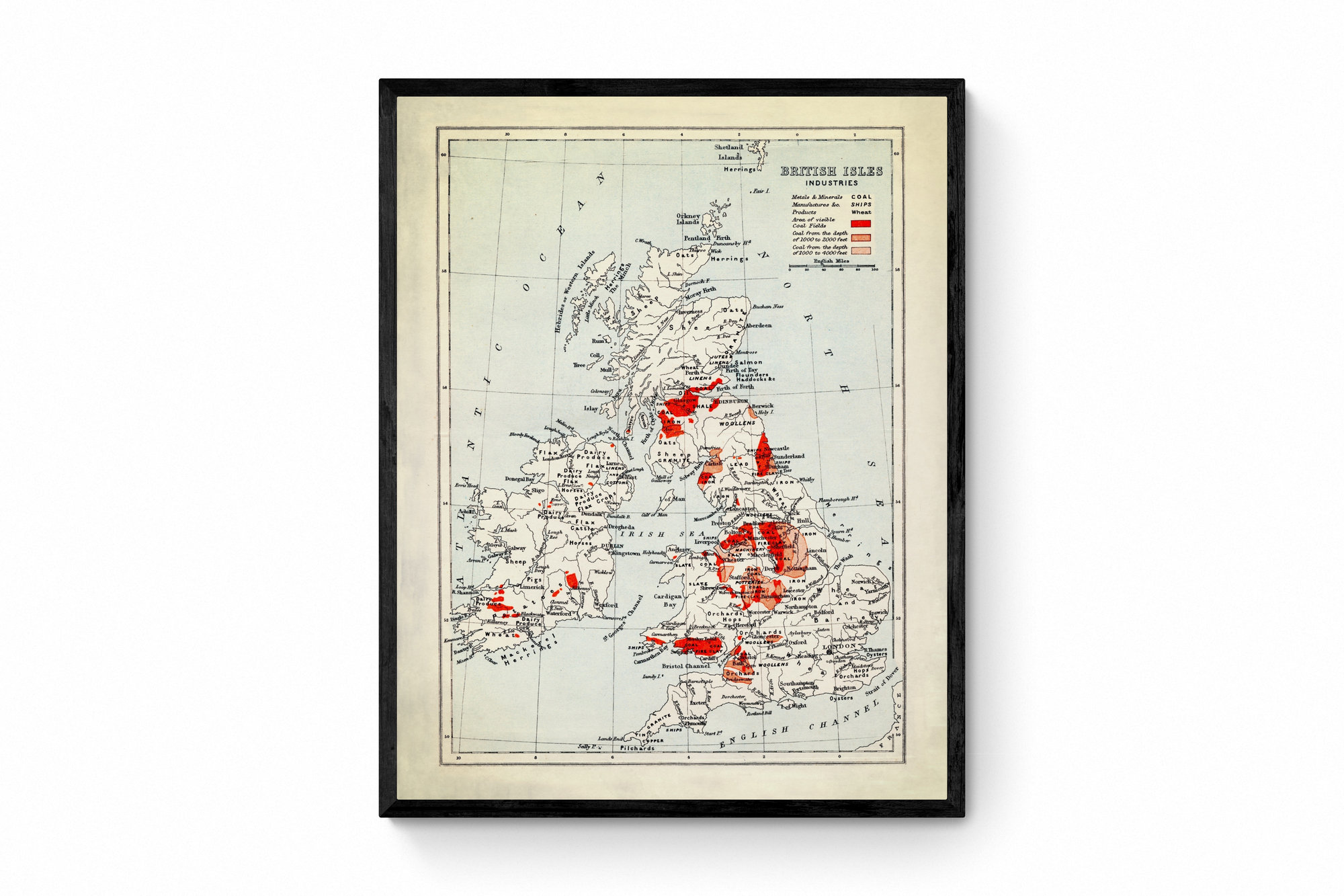1900 年頃のイギリス諸島産業地図 - アンティーク複製 - 石炭および