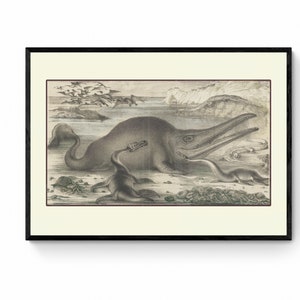 Dinosaur Print - Antique Reproduction - Plerodactylus, Dapedius, Plesiosaurus, Ichthyosaurus, Teleosaurus - Available Framed