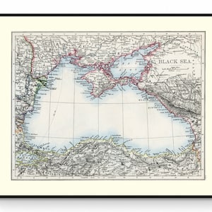 Black Sea Map - Antike Reproduktion - Ukraine, Russland, Türkei, Georgien, Bulgarien, Rumänien - Verfügbar mit Rahmen