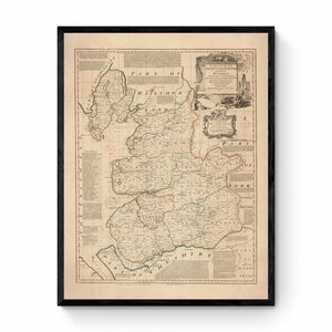 Mapa de Lancashire fechado en 1749 - Reproducción antigua - Emanuel Bowen - Mapa detallado del condado - Disponible enmarcado
