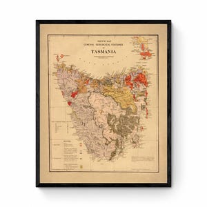 Carte géologique antique de Tasmanie - datée d'environ 1890 - Australie - Reproduction antique - Disponible encadrée