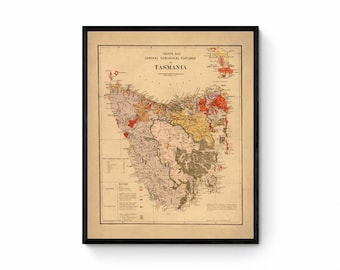 Tasmania Geological Antique Map - dated c.1890 - Australia - Antique Reproduction  - Available Framed
