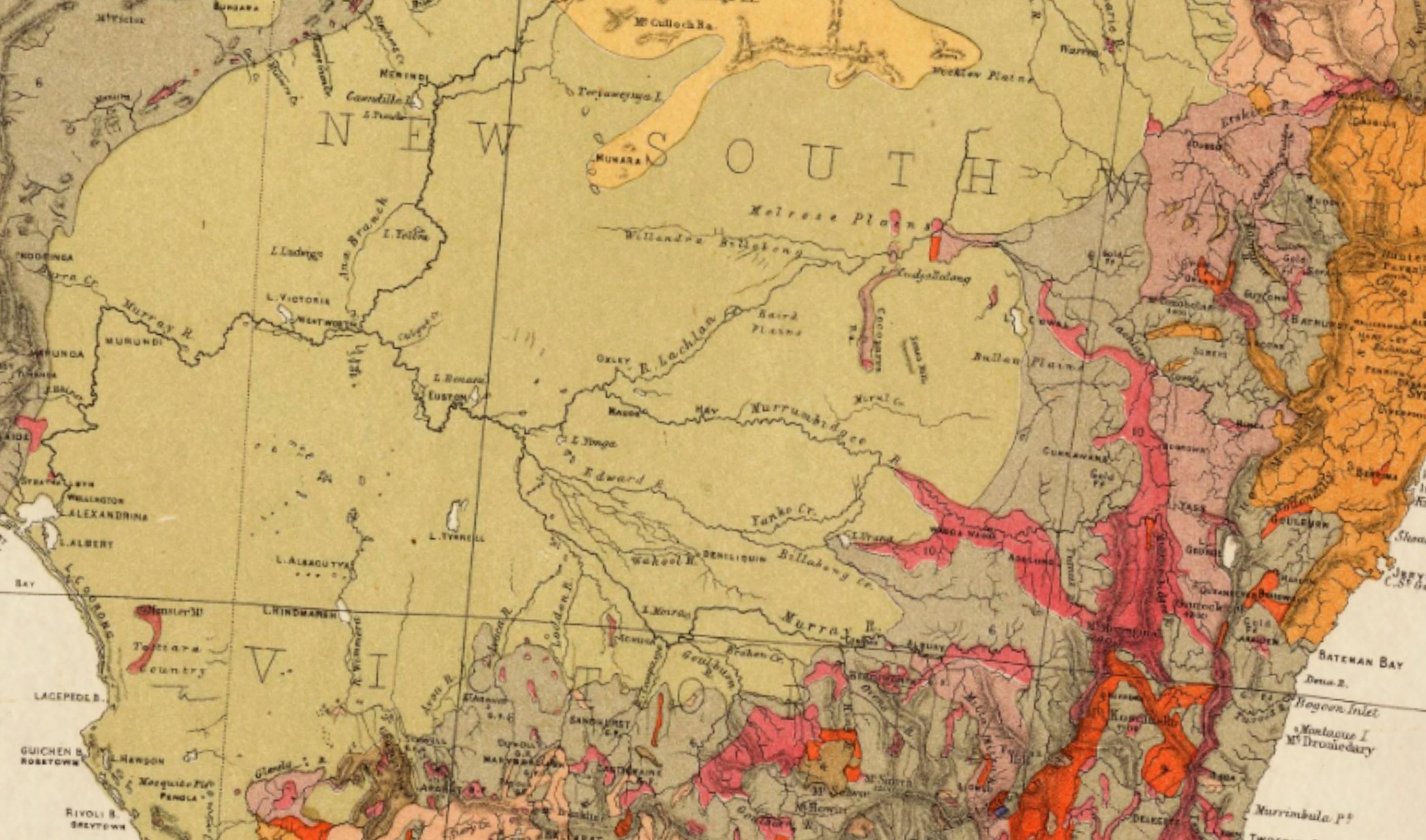 オーストラリアの地質図 - 1875 年 - アンティーク複製 - 地質図 - 額