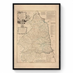 Carte de Northumberland datée de 1760 divisée en quartiers - Reproduction ancienne - Thomas Kitchin - Carte détaillée du comté - Disponible encadrée