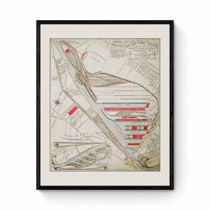 Mappa dei pontili dei canali navali di Manchester datata 1904 - Riproduzione antica - Mappa del cantiere navale - Storia di Manchester - Salford - Disponibile con cornice