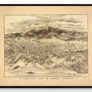 Hobart, Tasmania Birds Eye View Map - Antike Reproduktion - datiert 1894 - Stadtplan - Australien - Verfügbar mit Rahmen