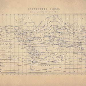 Isothermal Lines Map Showing Mean Temperature of the Year - Antique ...