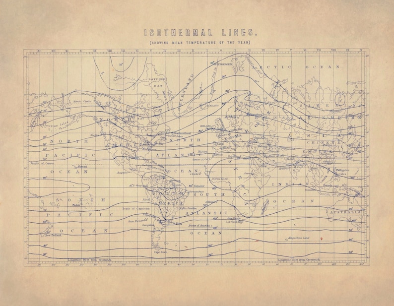 Isothermal Lines Map Showing Mean Temperature of the Year Antique ...