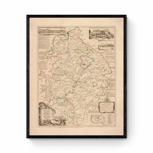 Mappa del Warwickshire datata 1765 - Riproduzione antica - Emanuel Bowen - Mappa dettagliata della contea - Disponibile con cornice