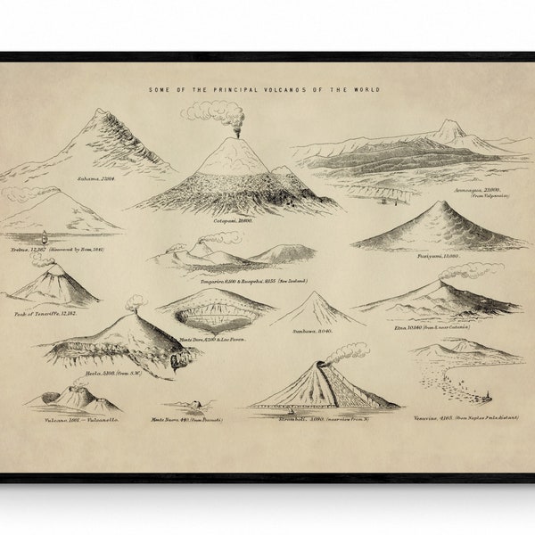 Certains des principaux volcans du monde Reproduction antique - Volcanologie - Géologie - Sahama, Erebus, Monte Nuovo - Disponible encadré