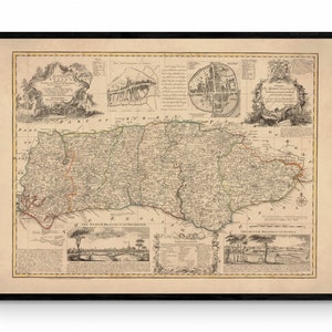 Sussex Karte aus dem Jahr 1749 - Antike Reproduktion - Emanuel Bowen - Detaillierte Landkarte - Erhältlich gerahmt