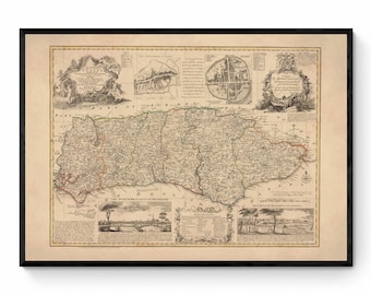 Sussex Map dated 1749 - Antique Reproduction - Emanuel Bowen - Detailed County Map - Available Framed