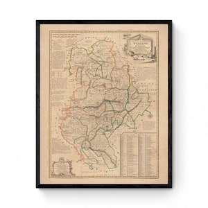 Mapa de Bedfordshire fechado en 1749 - Reproducción antigua - Emanuel Bowen - Mapa detallado del condado - Disponible enmarcado