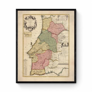 Portugal Antique Map - dated c.1750 - Antique Reproduction  - Available Framed