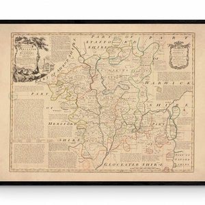 Mapa de Worcestershire fechado en 1756 - Reproducción antigua - Emanuel Bowen - Mapa detallado del condado - Disponible enmarcado