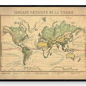 Wereldkaart met geografische kenmerken, klimaten, oceaanstromingen - antieke reproductie - gedateerd 1858 - grote muurkaart - beschikbaar ingelijst