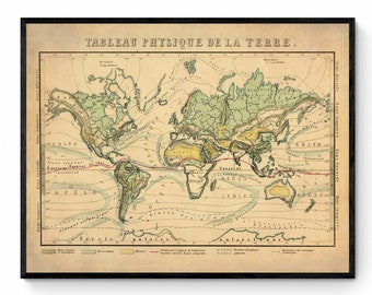 アンティーク世界地図 - 1923年版大型地形図 - 気候 - 植生 - 海流