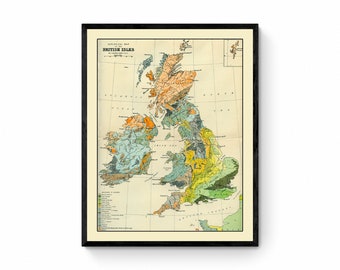 Mappa geologica delle isole britanniche - Riproduzione antica - Mappa geologica - Mappa della Gran Bretagna - Irlanda - Disponibile incorniciata