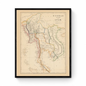 Mapa da Birmânia, Sião e Anam datado de 1859 - Reprodução Antiga - Mianmar, Tailândia, Vietnã, Laos - Sudeste Asiático - Disponível emoldurado