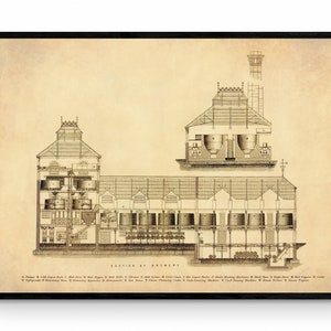 May include: A vintage black and white illustration of a brewery building with a cutaway view of the interior. The illustration shows the different stages of the brewing process, including the mash tun, the kettle, the fermenting tanks, and the bottling line. The text at the bottom of the illustration reads "SECTION OF BREWERY".