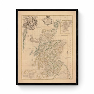 Mapa de Escocia (Norte de Gran Bretaña) con fecha de 1745 - Reproducción antigua - Emanuel Bowen - Mapa detallado - Disponible enmarcado