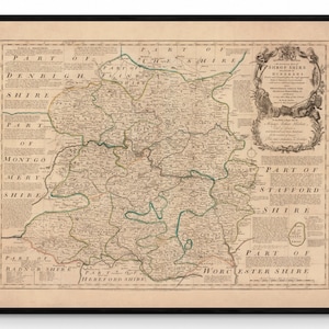 Mapa de Shropshire fechado en 1760 - Reproducción antigua - Emanuel Bowen - Mapa detallado del condado - Disponible enmarcado