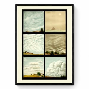 May include: A vintage illustration of six different types of clouds, each depicted with a landscape below. The clouds are labeled with their scientific names: Cirrus, Cumulus, Stratus, Nimbus, Cumulo-Nimbus, and Alto-Cumulus.