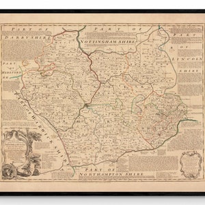 Mapa de Leicester y Rutland fechado en 1760 - Reproducción antigua - Emanuel Bowen - Mapa detallado del condado - Disponible enmarcado