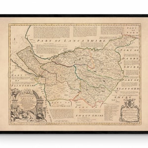 Mapa de Chester (Cheshire) fechado en 1749 - Reproducción antigua - Emanuel Bowen - Mapa detallado del condado - Disponible enmarcado