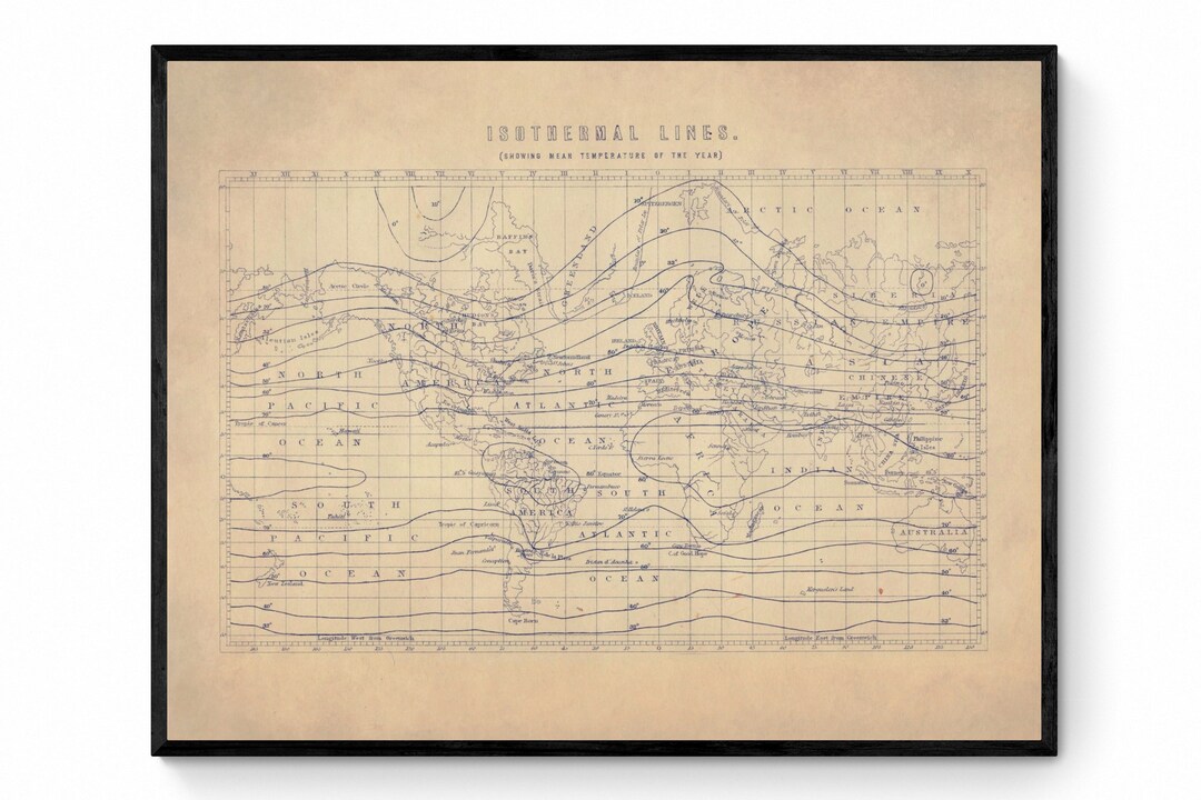 Isothermal Lines Map Showing Mean Temperature of the Year - Antique ...