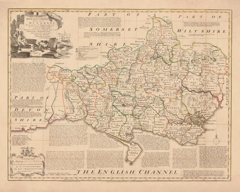 Dorsetshire Map Dated 1760 Antique Reproduction Dorset Emanuel Bowen
