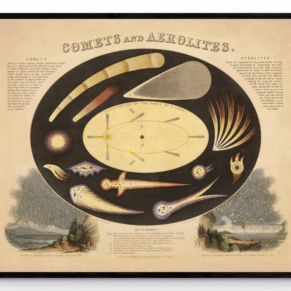 Comets and Aerolites Print -  Antique Reproduction - dated 1846 - Astronomy - Celestial Art - Astronomical Diagram - Available Framed