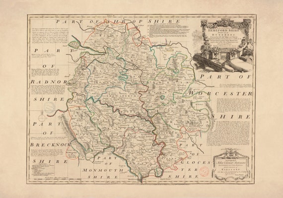 1760年発行のヘレフォードシャー地図 - アンティーク複製