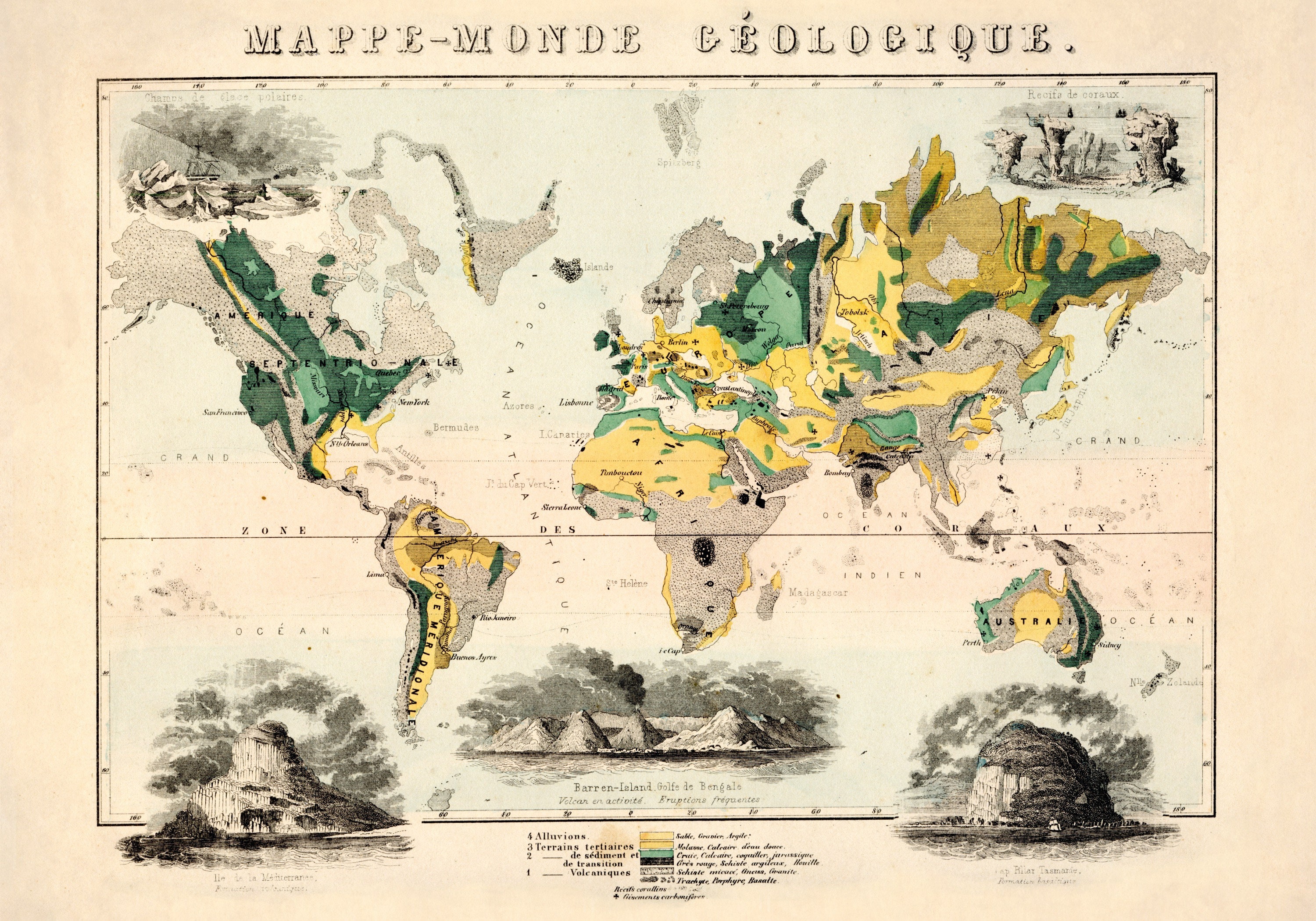 地質学の世界地図 - アンティーク複製 - 1858年 - 地質学 - 大型壁掛け