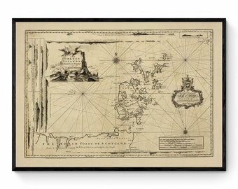 May include: A vintage map of the Orkney Islands and the North Coast of Scotland. The map is printed in black and white on a cream-colored background. The map shows the islands and coastline in detail, with names of places and features labeled.