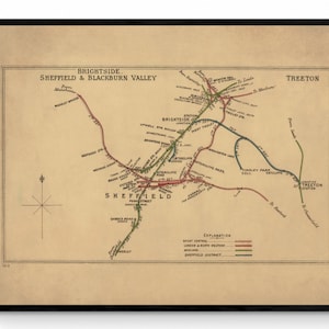 Spoorwegkaart - Brightside, Sheffield &Blackburn Valley 1912-14 - Antieke Reproductie - Yorkshire - Lancashire - Available Framed
