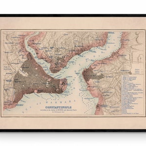 Mapa de Constantinopla (Istambul) datado de 1855 - Reprodução antiga - Planta da cidade - Turquia - Império Otomano - Disponível emoldurado