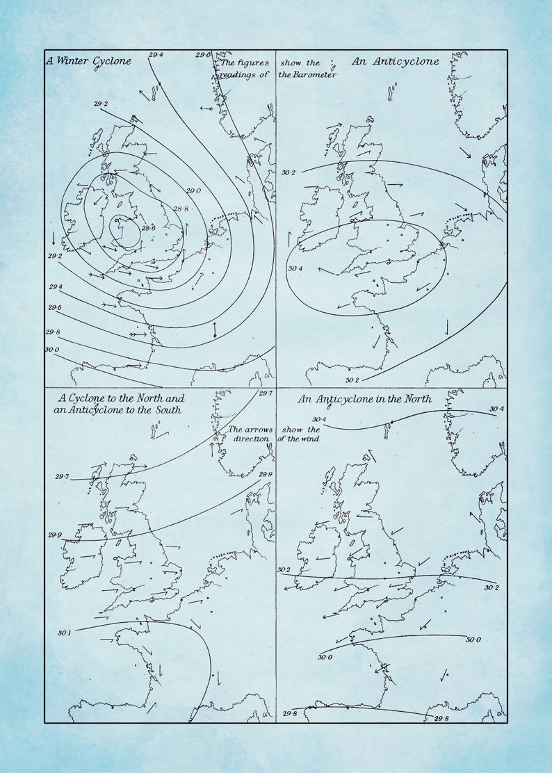 Meteorologie Karte Zyklone und Antizyklone Antike - Etsy.de