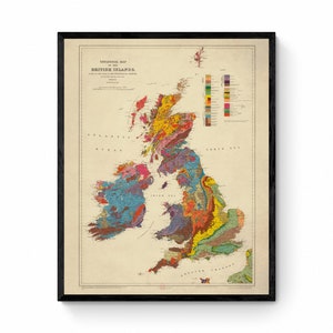 Geologische kaart van de Britse eilandenkaart - antieke reproductie - geologische kaart - kaart van Groot-Brittannië - Ierland - beschikbaar ingelijst