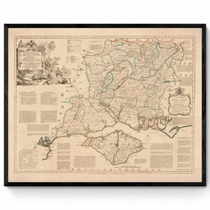 Carte du Hampshire datée de 1760 - Reproduction antique - Emanuel Bowen - Carte détaillée du comté - Disponible encadrée