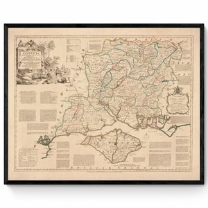 Hampshire Map dated 1760 - Antique Reproduction - Emanuel Bowen - Detailed County Map - Available Framed