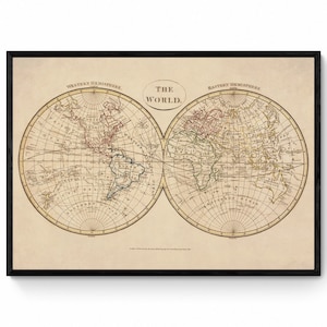 The World in Hemispheres Map dated 1799 - Antique Reproduction - Clement Cruttwell - Available Framed