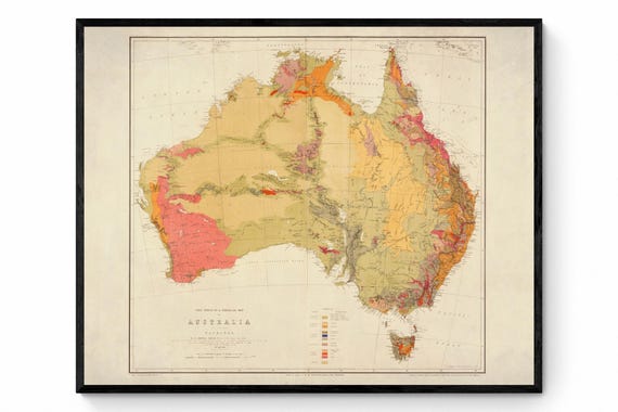 オーストラリアの地質図 - 1875 年 - アンティーク複製 - 地質図 - 額