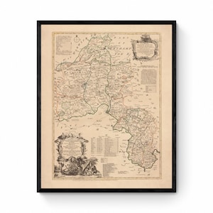 Carte d'Oxfordshire datée de 1750 - Reproduction antique - Emanuel Bowen - Carte détaillée du comté - Disponible encadrée