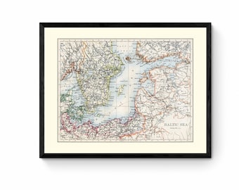 Baltic Sea Map - Antique Reproduction - Estonia - Latvia - Lithuania - Finland - Sweden - Poland - Denmark - Available Framed