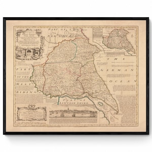 Mappa dello Yorkshire (East Riding) datata 1755 - Riproduzione antica - Emanuel Bowen - Mappa dettagliata della contea - Disponibile con cornice
