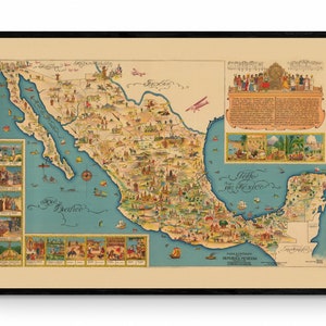 Carte du Mexique - Carte picturale des années 1930 - Reproduction antique - Carte murale vintage - Disponible encadrée