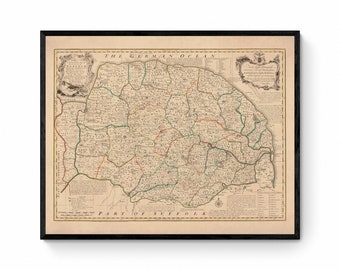 Norfolk Map dated 1749 - Antique Reproduction - Emanuel Bowen - Detailed County Map - Available Framed