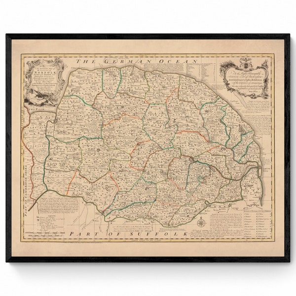 Norfolk Map dated 1749 - Antique Reproduction - Emanuel Bowen - Detailed County Map - Available Framed